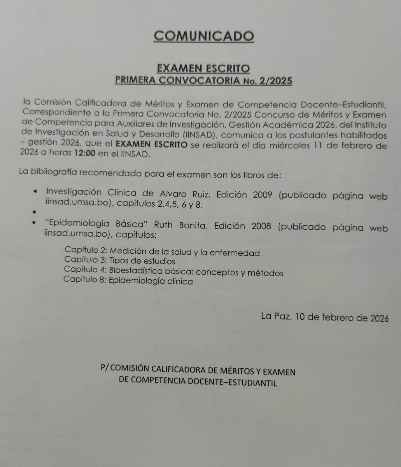 COMUNICADO: CONVOCATORIA AUXILIARES DE INVESTIGACIÓN 2026: EXAMEN ESCRITO